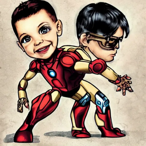 Prompt: a little ironman and his older brother goldman