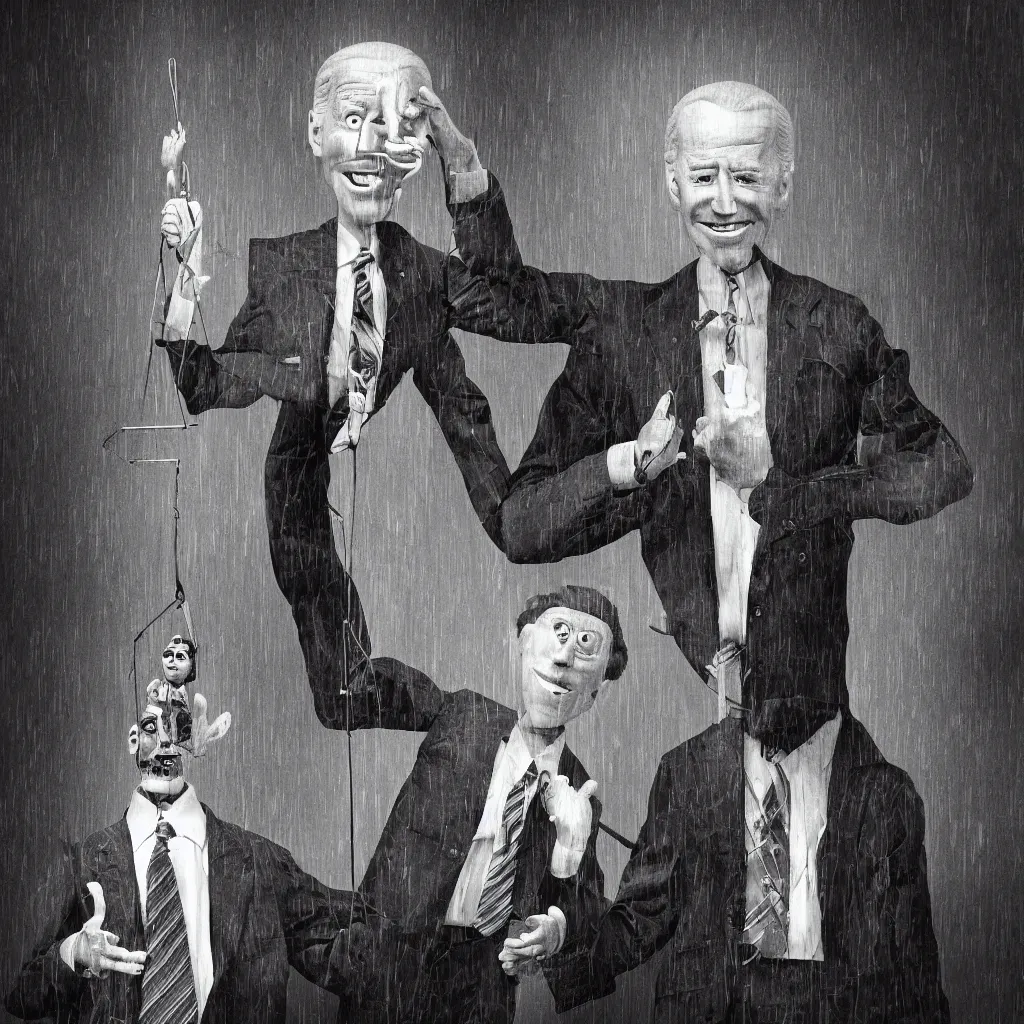 Image similar to Joe Biden as a marionette, shadowy corporate CEO holding the strings, digital art, ominous atmosphere, highly detailed, low angle