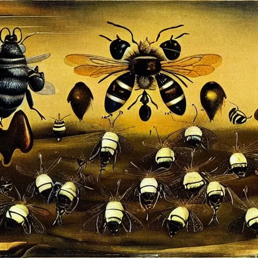 Prompt: when the bees attack, art by salvador dali, bosch, masterpiece