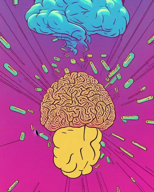 Prompt: awesome logo of a brain and mishroom and pills with dank techno. synthwave colours. in the style of spirited away. awe, rage, musicality, 1 9 6 0, kodak, natural colors, codex seraphinianus painting by moebius and satoshi kon and alberto mielgo