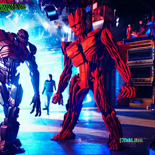 Prompt: groot and optimus prime dancing at techno party among people, wide shoot, after effect, ultra realistic