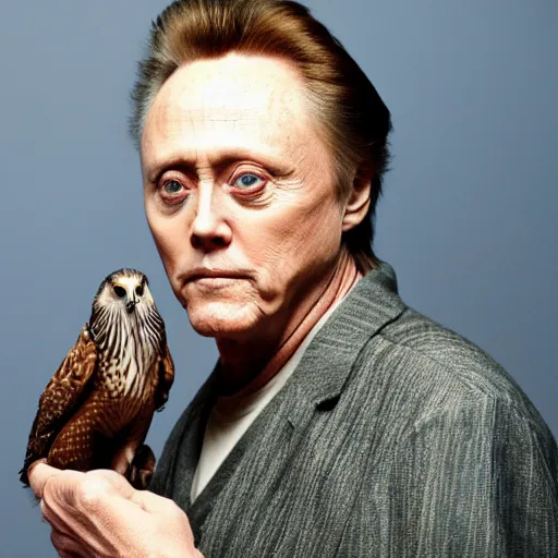 Prompt: christopher walken with a falcon on his arm, hyper realism, 5 0 mm, photo