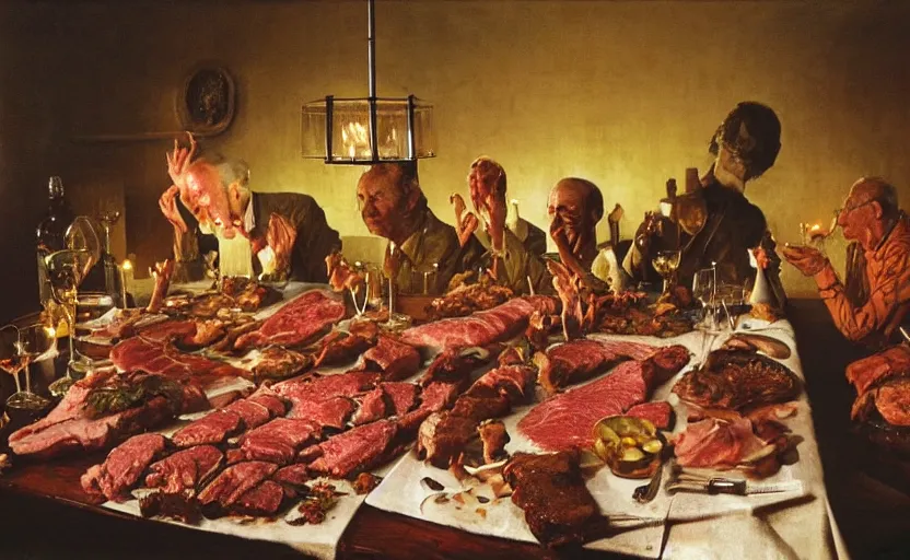 Image similar to a formal dinner party involving a great deal of meat on a table in a dark kitchen lit by a single bulb, painted by rick berry and norman rockwell and zdzislaw beksinski, highly detailed, muted colours