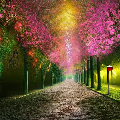 Prompt: epic floral Alley with trees on each side of the cobblestone road, floral dream spring, Alena Aenami, Petros Afshar, Noah Bradley, Thomas Kinkade, Phil Koch, Gilbert Williams, Mike Winkelmann, Beeple