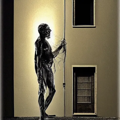 Image similar to a brutalitst artwork of a man fuse to his house, hyper realism, architecture, baroq