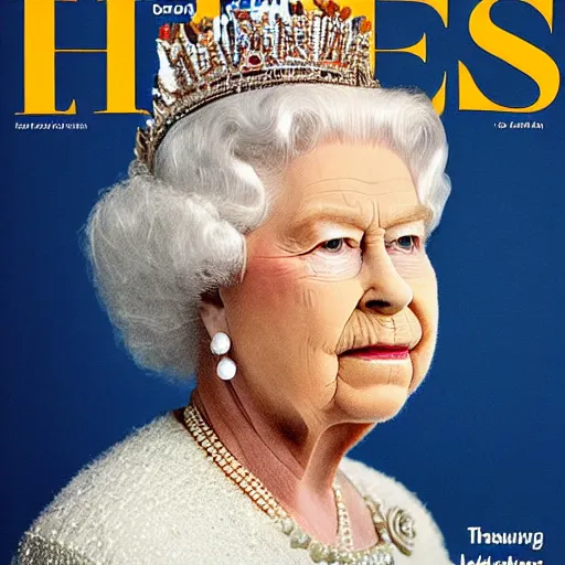 Image similar to the queen of england with toothbrush mustache in a magazine cover photo. highly detailed hair