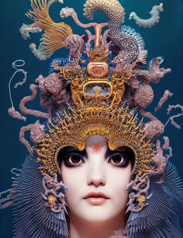 Image similar to 3 d goddess close - up profile portrait with crown, ram skull. beautiful intricately detailed japanese crow kitsune mask and clasical japanese kimono. betta fish, jellyfish phoenix, bio luminescent, plasma, ice, water, wind, creature, artwork by tooth wu and wlop and beeple and greg rutkowski