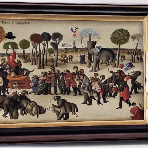 Prompt: a group of politicians partying in dc one riding an elephant money everywhere some smoking cigars, in the style of bruegel