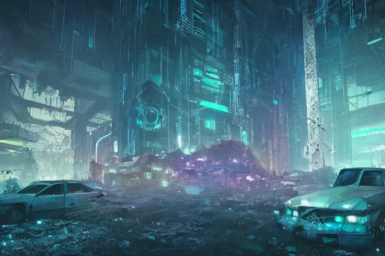 Image similar to a triangular portal structure made from crystals in the centre of an abandoned overgrown cyberpunk city, epic mysterious surrealism, digital matte painting in the style of liam wong