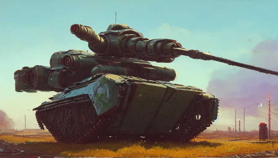 Image similar to an intricate oil painting of a giant scrap metal anime armored tank humanoid mecha with rounded components by simon stalenhag