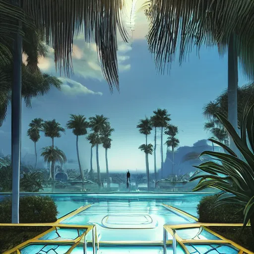 Prompt: indoor liminal space, golden light, peter tarka, palm trees, minimalistic, hyperrealistic surrealism, award winning masterpiece with incredible details, epic stunning, infinity pool mirrors, a surreal vaporwave liminal space with mirrors, highly detailed, trending on artstation, artgerm and greg rutkowski and alphonse mucha, daily deviation