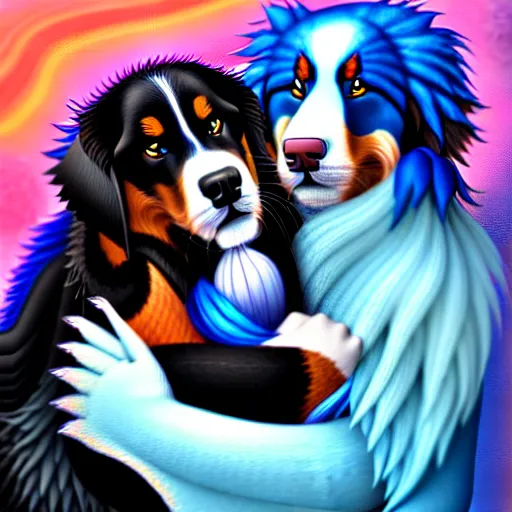 Image similar to an anthropomorphic male bernese mountain dog fursona hugging his handsome anthropomorphic male blue dragon fursona husband, furry art, oil on canvas, soft lighting, cute