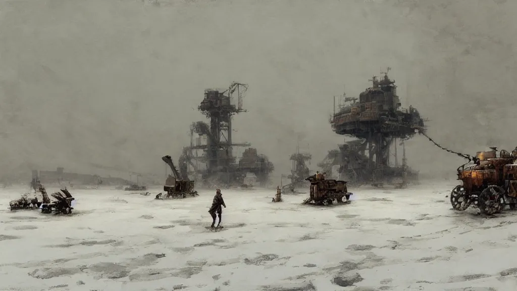 Prompt: 1920's broken down bipedal mech in the snowy tundra, oil drill in the distance, steampunk airship above, painted by Jakub Rozalski