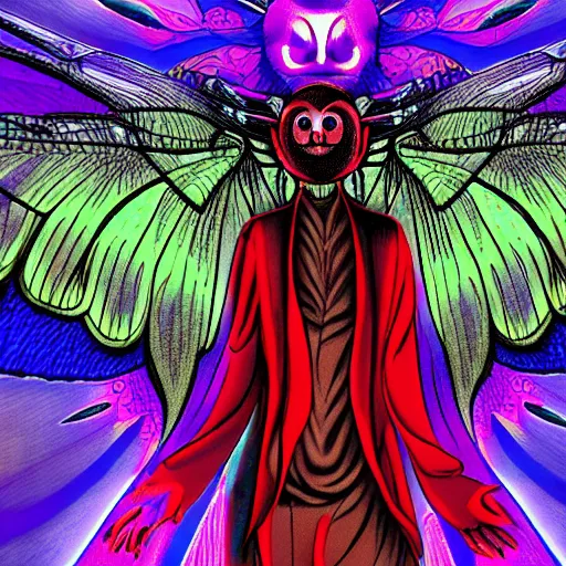 Image similar to Psychedelic mothman by Junji Ito and Satoshi Kon, post-processing, beautiful