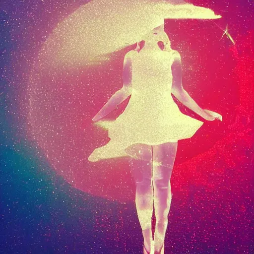 Prompt: trending on artstation girl in white dress dancing, halo over her head, glitchy, glitch art, Chromatic aberration, nobody knows the future