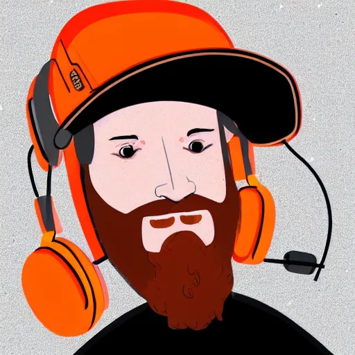 Image similar to middle aged streamer on twitch with black hat, stubble, ginger hair, orange hair, black cap, stubbles, red headphones, in the style of jeremiah ketner, art