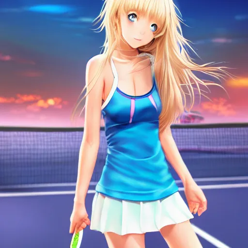 Image similar to a very beautiful young anime tennis girl, full body, long wavy blond hair, sky blue eyes, full round face, short smile, bikini, miniskirt, highly detailed, cinematic wallpaper by stanley artgerm lau
