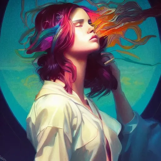 Image similar to beautiful, young woman, sad eyes, tears running down, vaporwave aesthetic, synthwave, colorful, psychedelic, digital painting, artstation, concept art, smooth, sharp focus, illustration, art by artgerm and greg rutkowski and alphonse mucha