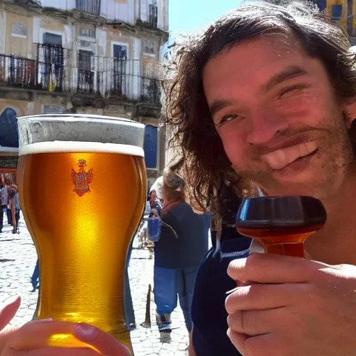 Prompt: 2 people drinking beers in lisbon