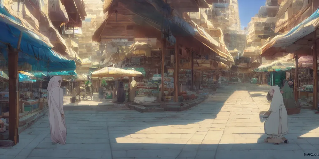 Image similar to empty arabian marketplace, scenic shot, by makoto shinkai