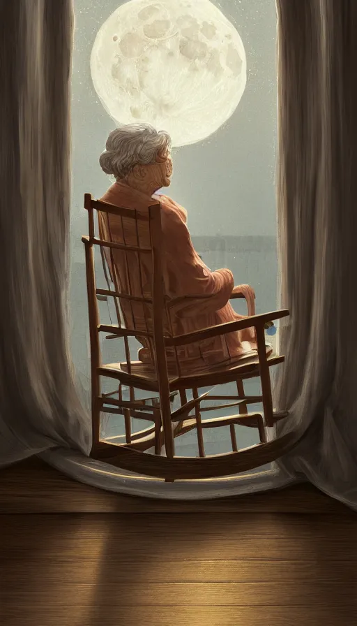 Image similar to portrait of an old lady in a rocking chair looking out of the window at the moon. old house. hyperdetailed, artstation, cgsociety, 8 k