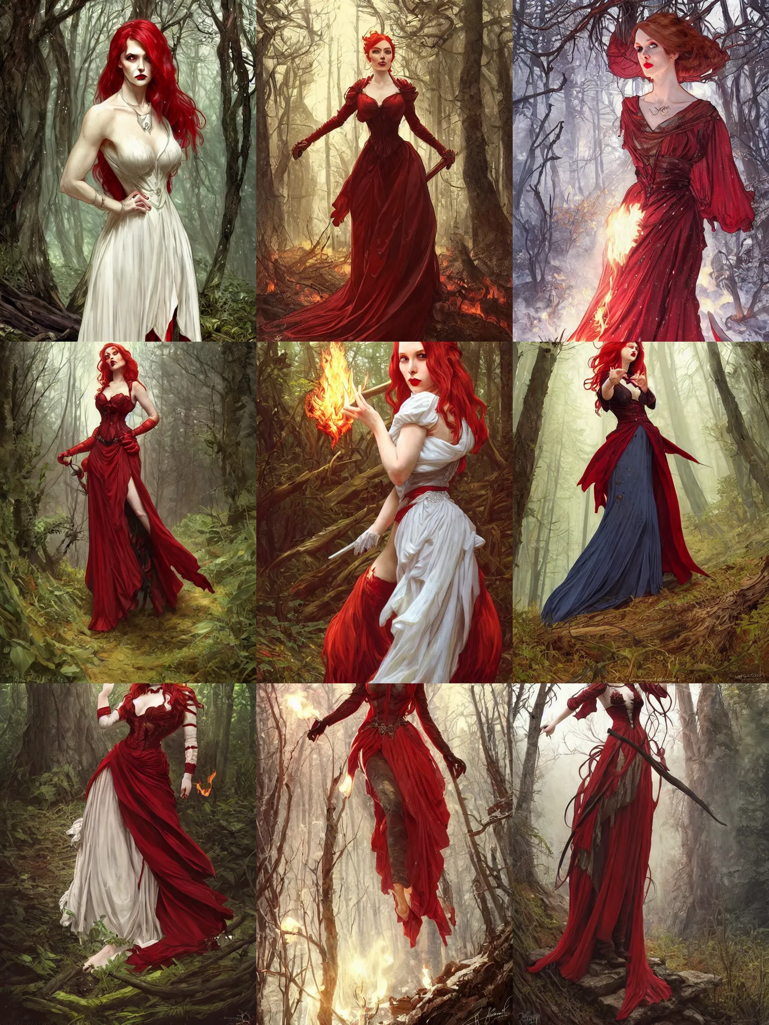 Prompt: full body portrait of an evil female pyromancer in the woods, elegant victorian dress, very detailed face, white skin, red hair, red lipstick, blue eyes, fire everywhere, high fantasy, dnd, highly detailed, digital illustration, by artgerm, greg rutkowski, alphonse mucha