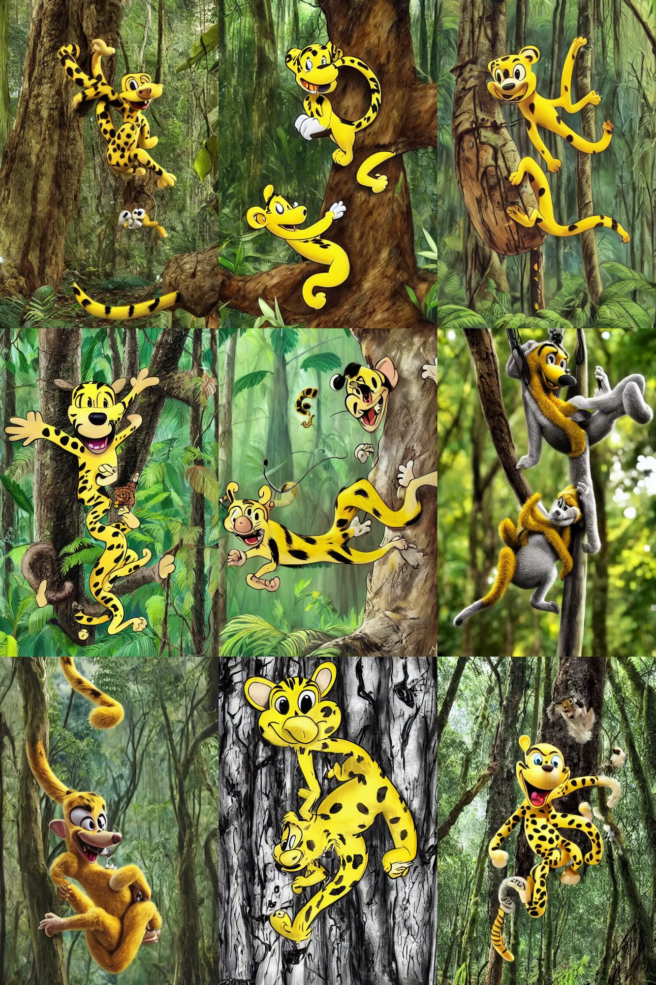 Prompt: the marsupilami having fun in the forest, hanging, long tail, cartoon character, photo realistic, highly detailed