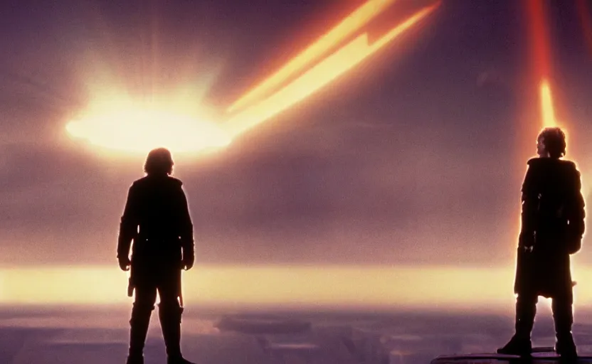 Image similar to iconic cinematic still portrait shot of luke skywalker downtrodden standing with a view of coruscant at sunset, from the thrilling scene from the 1 9 9 0 s sci fi film directed by stanley kubrick, moody cinematography, foggy volumetric lighting, hyper detailed scene, anamorphic lenses 2 4 mm, lens flare, award winning