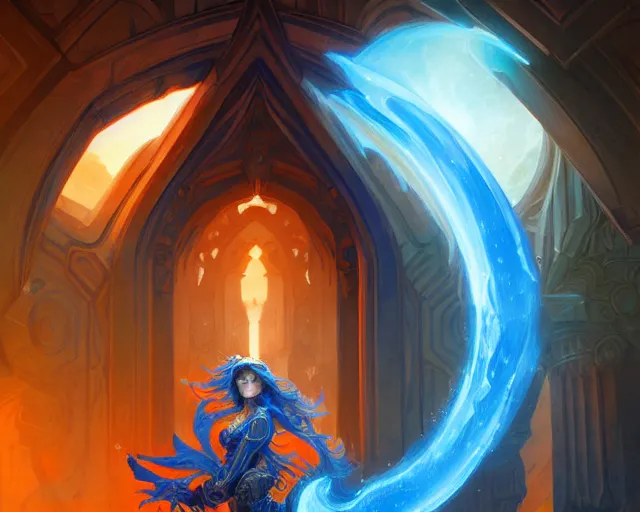 Image similar to blue and orange portal, deep focus, d & d, fantasy, intricate, elegant, highly detailed, digital painting, artstation, concept art, matte, sharp focus, illustration, hearthstone, art by artgerm and greg rutkowski and alphonse mucha