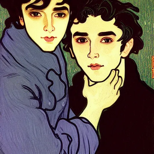 Image similar to painting of young cute handsome beautiful dark medium wavy hair man in his 2 0 s named shadow taehyung and cute handsome beautiful min - jun together at the halloween! party, ghostly, candles!, ghosts, autumn! colors, elegant, wearing suits!, clothes!, delicate facial features, art by alphonse mucha, vincent van gogh, egon schiele