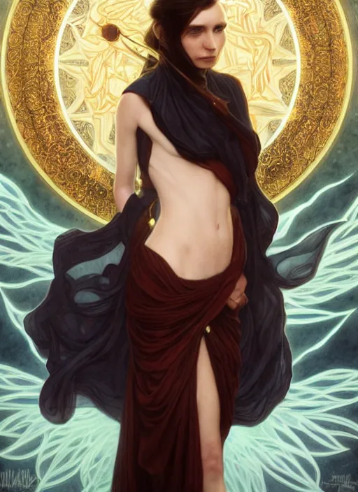 Image similar to portrait Rooney Mara as a dark magician of the magic of darkness, full length shot, shining, 8k highly detailed, sharp focus, illustration, art by artgerm, mucha, bouguereau