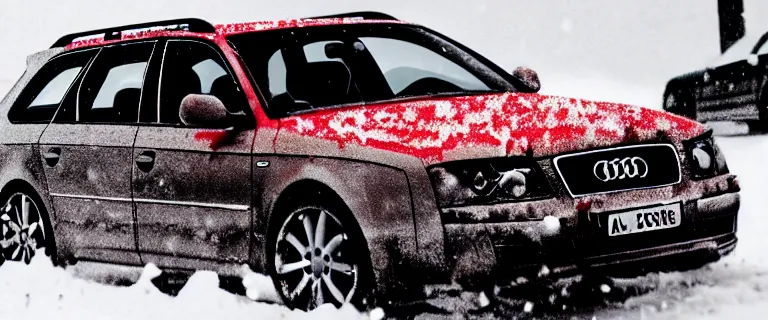 Image similar to Audi A4 B6 Avant (2002), a gritty neo-noir, dramatic lighting, cinematic, eerie person, death, homicide, homicide in the snow, viscera splattered all over the car, gunshots, establishing shot, extremely high detail, photorealistic, red mist, arson, burning city, cinematic lighting, artstation, by simon stalenhag, Max Payne (PC) (2001) winter New York at night, In the style of Max Payne 1 graphic novel, flashing lights, Poets of the Fall - Late Goodbye