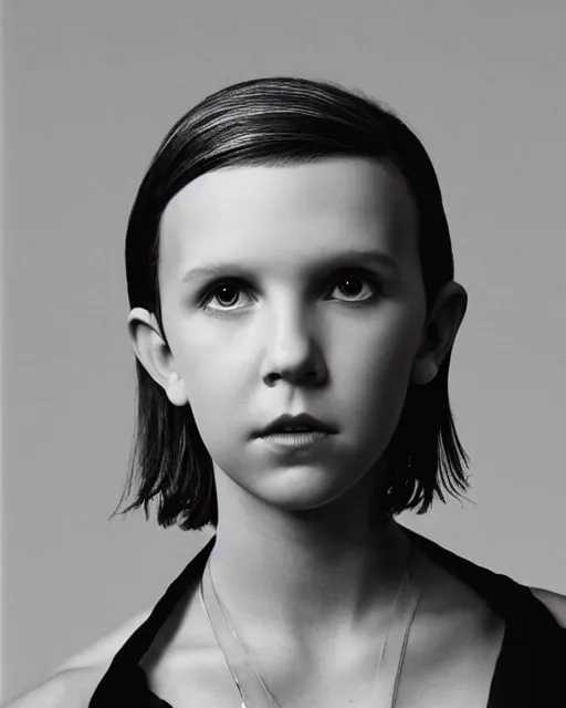 Image similar to close up photo of millie bobby brown by yoji shinkawa, black and white