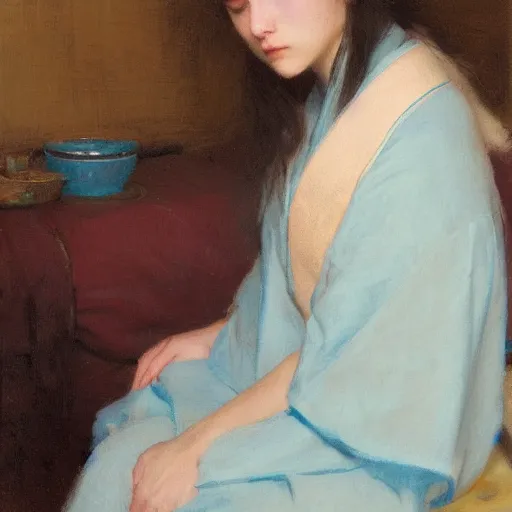 Image similar to girl with long wavy hair, in lightblue kimono, sitting on bed, by jeremy lipking, serge marshennikov, joseph todorovitch