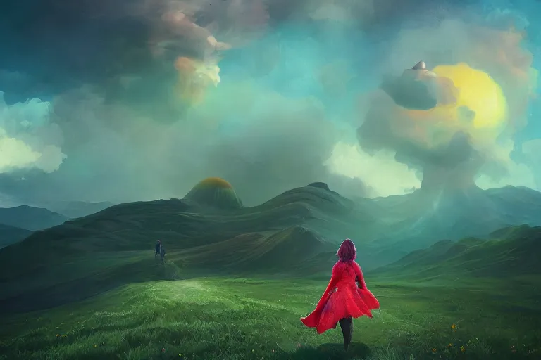 Image similar to giant dahlia flower as a head, girl walking on mountain, surreal photography, stars, dramatic light, impressionist painting, storm clouds, digital painting, artstation, simon stalenhag