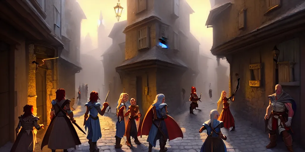 Image similar to an exciting fantasy street battle within a fascinating old city, photo-real characters, narrow streets, old buildings, by Sylvain Sarrailh, cinematic, simple but effective composition, clean lines, beautiful digital painting, oil painting, ultra photo-real render, great character design, dungeons and dragons, lord of the rings, close up characters, fantasy races