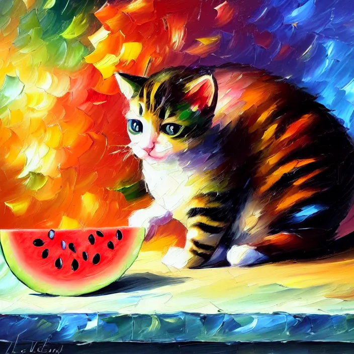 Image similar to colourful painting of cute little kitty and watermelon, art in paul lehr and leonid afremov style, close shot, bright, evening, soft lighting, focus, masterpiece art