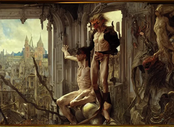 Image similar to jared the goblin king by edgar maxence and caravaggio and michael whelan and delacroix style, artistic, intricate painting, cinematic lighting, hyper realistic, extremely detailed, establishing shot, 8 k resolution, dramatic lighting