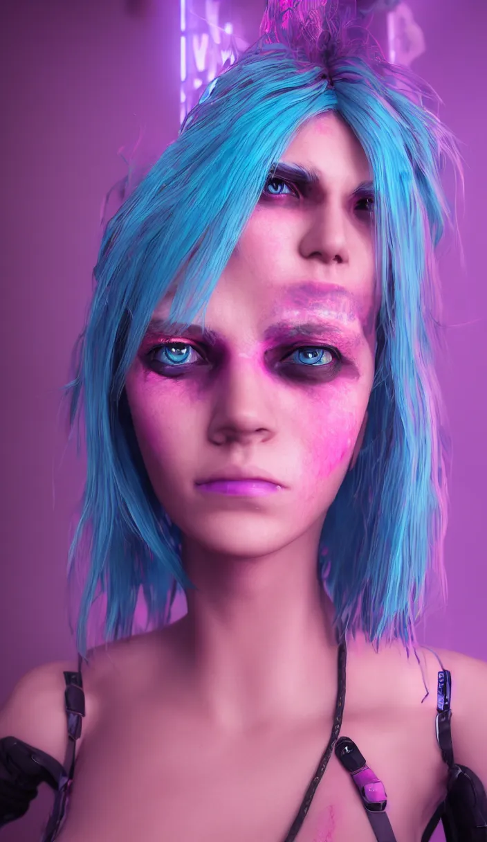 Prompt: a portrait of a cyberpunk woman, blue neon hair, pink eyes, hyperdetailed, rtx, hdr, 3 d render, octabe render, 8 k.