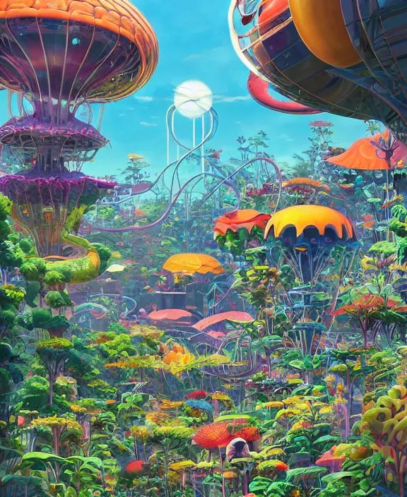 Image similar to simplicity, elegance, an amusement park made out of bizarre organic creatures, in the style of a streamlined asymmetrical spaceship, overgrown with flowers, partly cloudy, sun - drenched, by dan mumford, yusuke murata, makoto shinkai, ross tran, cinematic, unreal engine, cel shaded, featured on artstation, pixiv