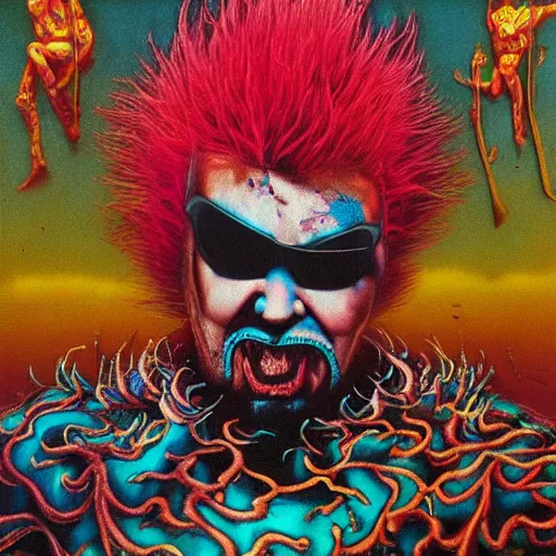Image similar to guy fieri wearing a neon colored mesh crop top and pit vipers, insane clown posse mosh pit, art by beksinski