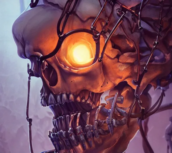 Image similar to close up of a skeleton chained up in a corner of an old, abandoned dungeon, detailed skeleton. Atmospheric lighting, By Makoto Shinkai, Stanley Artgerm Lau, WLOP, Rossdraws, James Jean, Andrei Riabovitchev, Marc Simonetti, krenz cushart, Sakimichan, D&D trending on ArtStation, digital art.