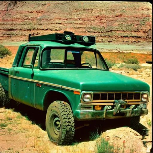 Image similar to photo, green river wyoming, off road truck, kodak ektachrome 1 2 0,