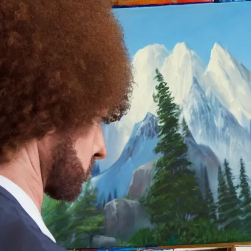 Image similar to a closeup photorealistic photograph of bob ross working on a canvas painting of spiderman. film still. brightly lit scene. mountains and trees. this 4 k hd image is trending on artstation, featured on behance, well - rendered, extra crisp, features intricate detail, epic composition and the style of unreal engine.