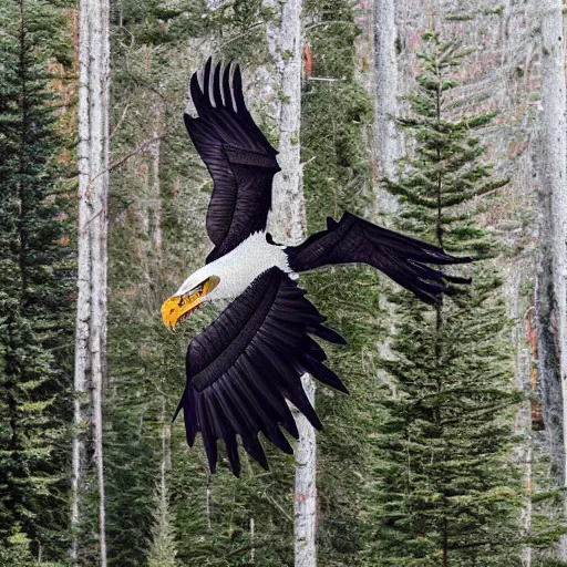 Image similar to black eagle with red eyes fighting a white dragon over a spruce tree forest