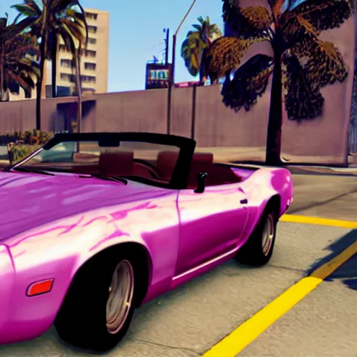 Prompt: gta v cover art by stephen bliss of ryan gosling wearing aviator sunglesses near a pink convertible car