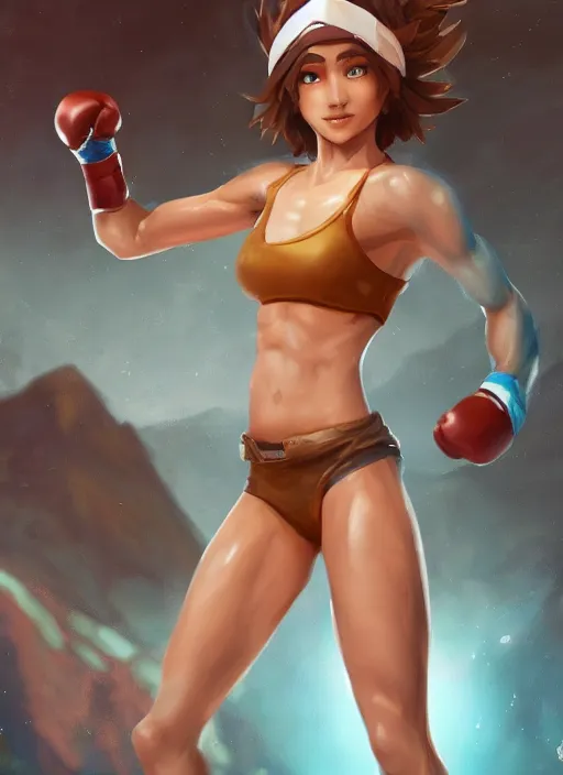 Image similar to fitness taliyah, from league of legends, au naturel, exhibant, boxing, in shape, hyper detailed, digital art, trending in artstation, cinematic lighting, studio quality, smooth render, unreal engine 5 rendered, octane rendered, art style by klimt and nixeu and ian sprigger and wlop and krenz cushart