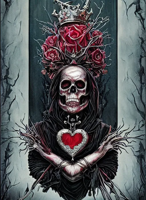 Prompt: the king of hearts, death tarot card, highly detailed, half skull face, cinematic, 8 k, by megan duncanson, benjamin lacombe, adrian borda, stanley artgermm, tom bagshaw, craig mullins, carne griffiths, ayami kojima, beksinski, giger, trending on deviantart, hyper detailed, horror, full of colour