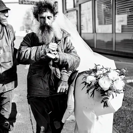 Prompt: photo of homeless people getting married