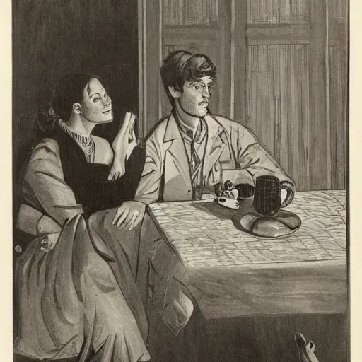 Image similar to the installation art depicts two people, a man and a woman, sitting at a table. the man is looking at the woman with a facial expression that indicates he is interested in her. the woman is looking at the man with a facial expression that indicates she is not interested in him. there is a lamp on the table between them. by andrew robinson mild